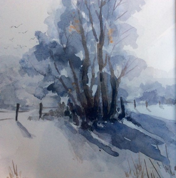 snow scene, winter scene, original watercolour, linda bartlett, framed watercolour