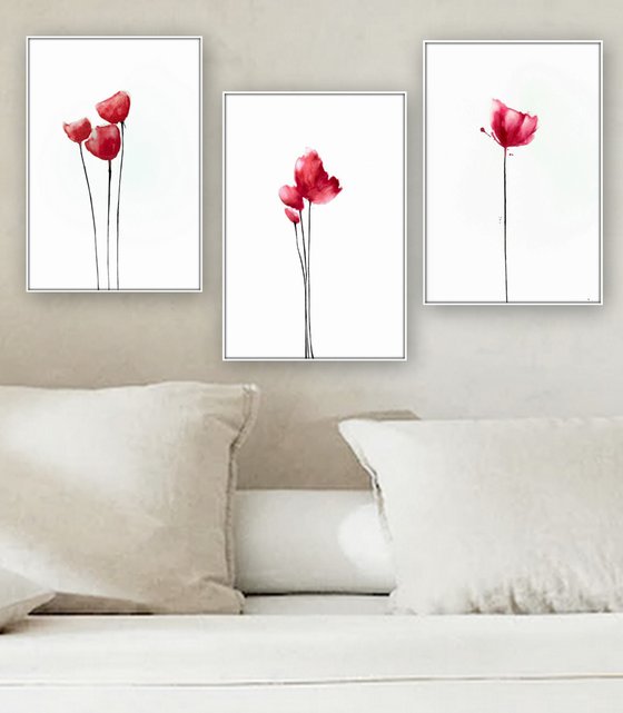 Poppies. Set of 3 Floral Artworks.