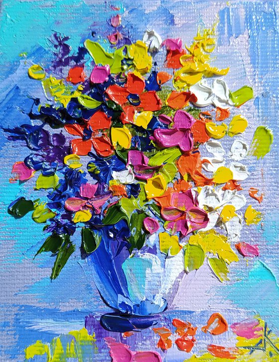 Bouquet of flowers - small painting, oil painting, flowers, postcard, bouquet, gift idea, gift, flowers oil painting