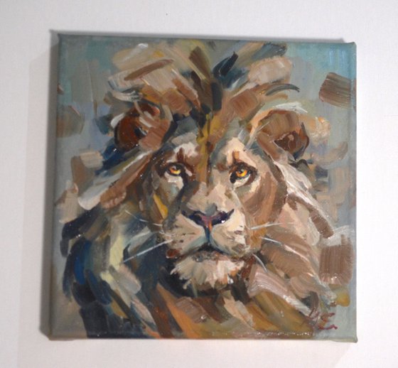 Lion head small oil painting