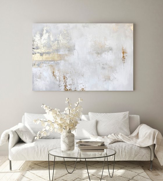 "Cascade 9" White and gold abstract art