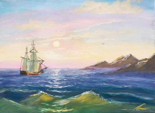 Seascape with a sailboat by Elena Sokolova