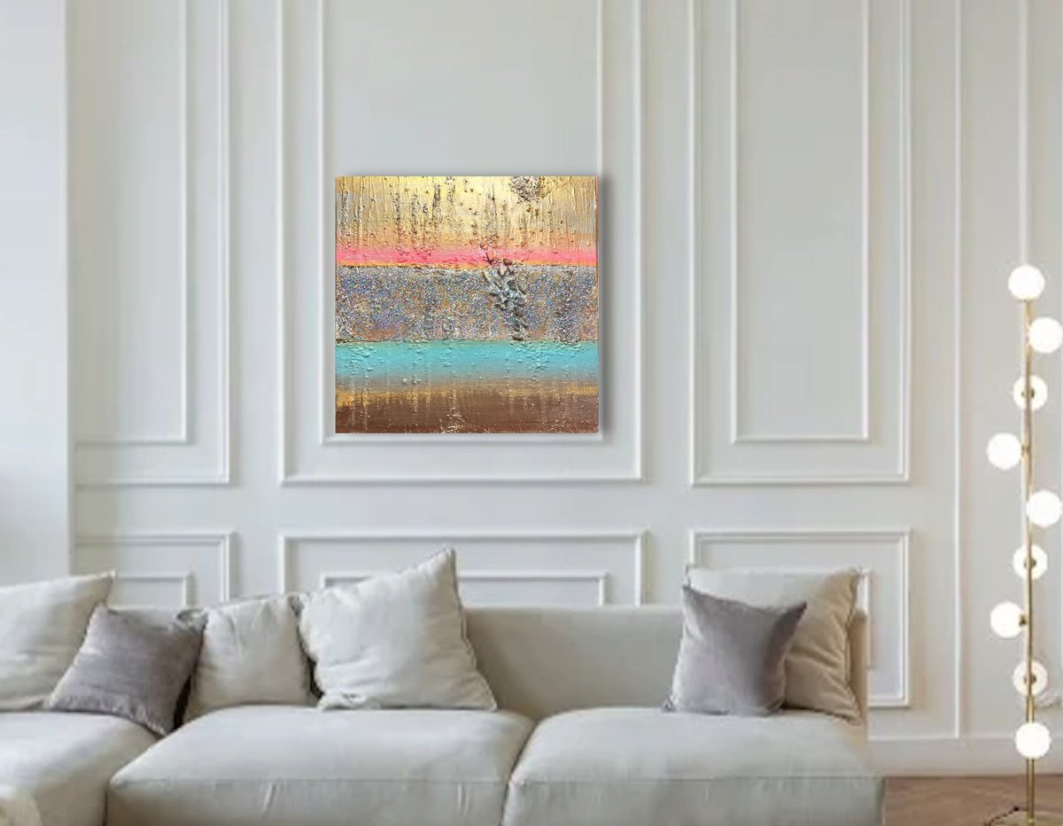 Abstract Landscape Painting By Henrieta Angel, 20 X 20, Earth Meets Sky Sunset, Original Artwork