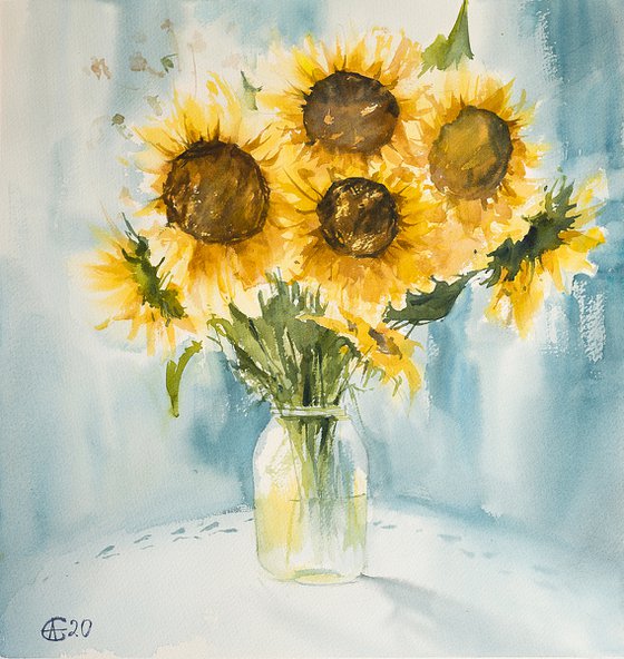 Sunflowers on turquoise. Medium format watercolor painting. Original bright interior provence decor yellow light gift