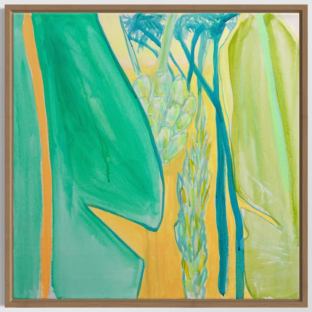 Organic Botanical Acrylic Painting By Kathryn Sillince, 22 X 22", Green Bananas Study, Original Artwork