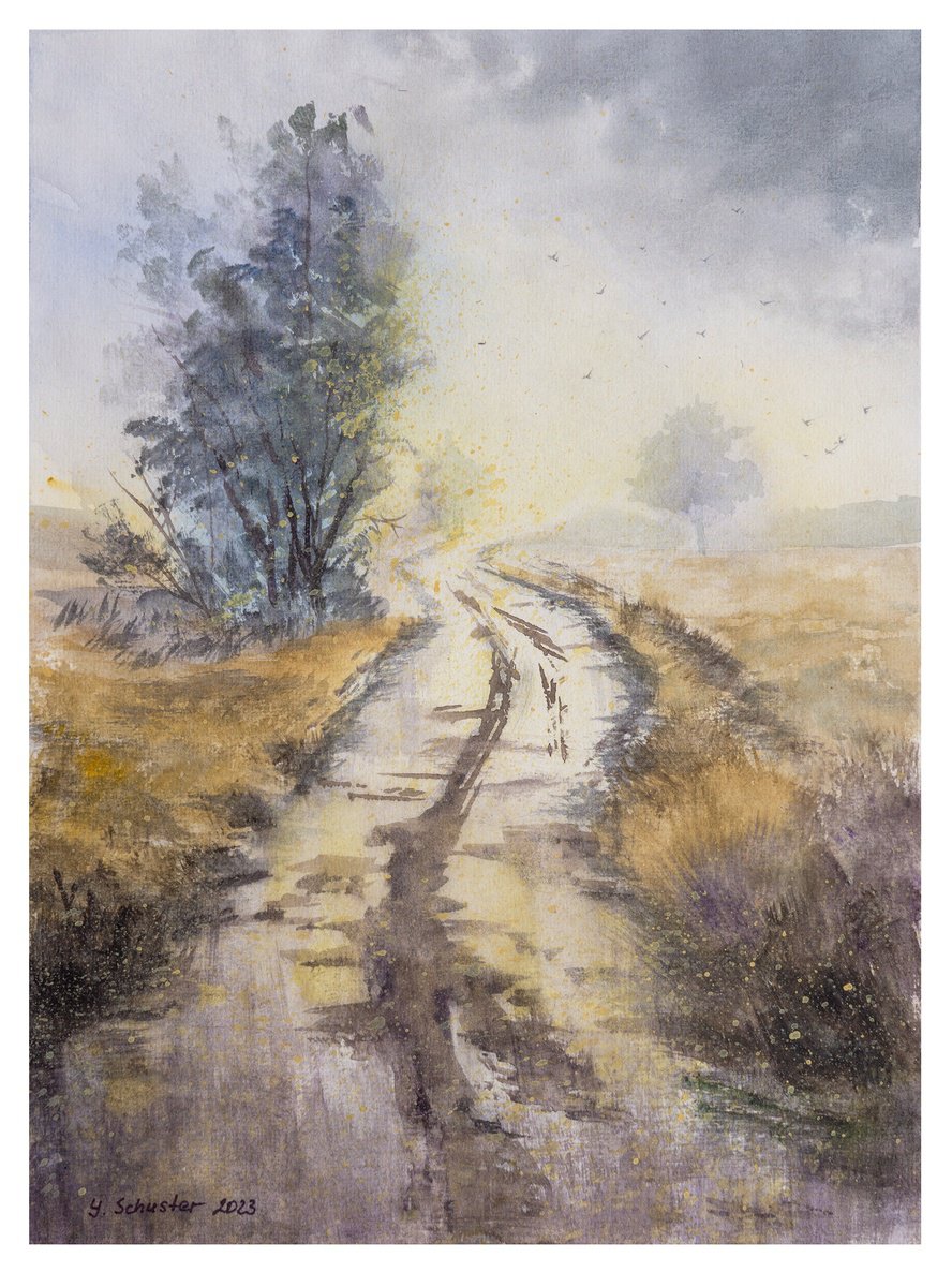Impressionistic Landscape Watercolour By Yulia Schuster, 10 X 14", Countryroad, Original Artwork