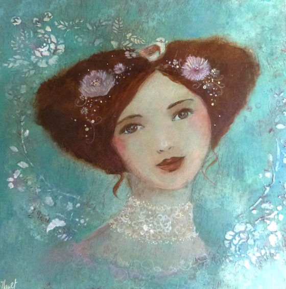 The soft stopover 30 x 30 cm Portrait of a romantic and dreamy woman on wood