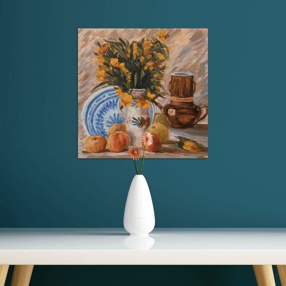 Vase with Flowers, Coffeepot and Fruit, inspired by van Gogh.