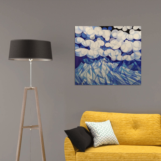Winter evening (90x80cm, cubism, oil painting, ready to hang)