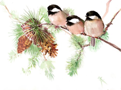Three Chickadees on the Pine by Suren Nersisyan
