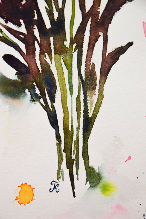 Abstract flowers bouquet original watercolor painting, botanical artwork, gift for her