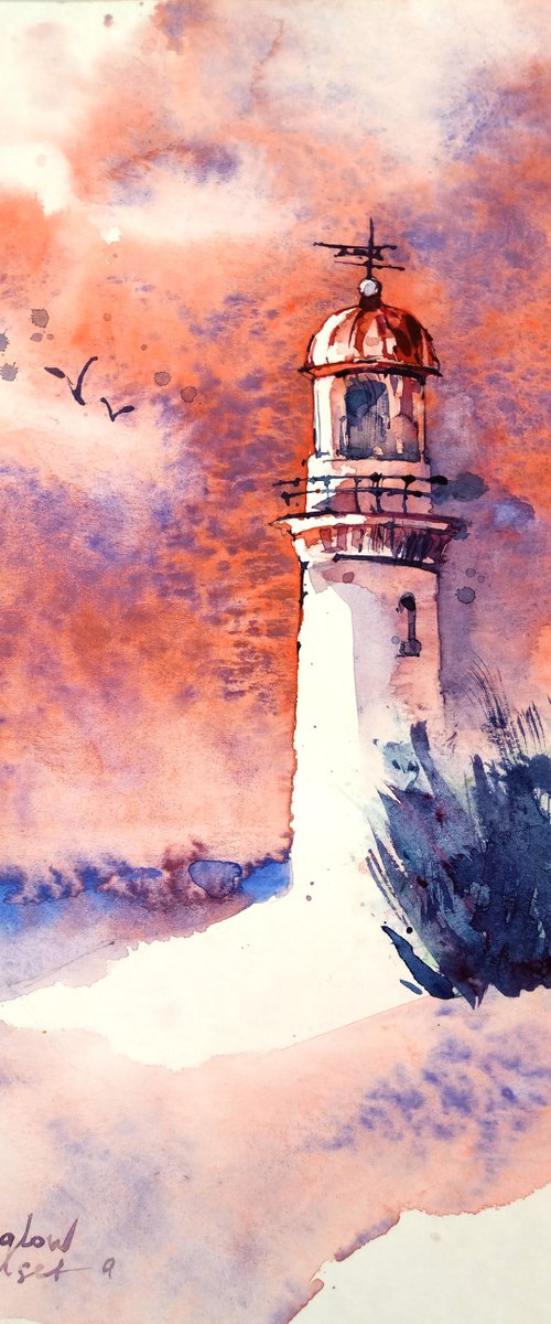 Original watercolor landscape "Lighthouse. Golden glow of sunset" by Ksenia Selianko