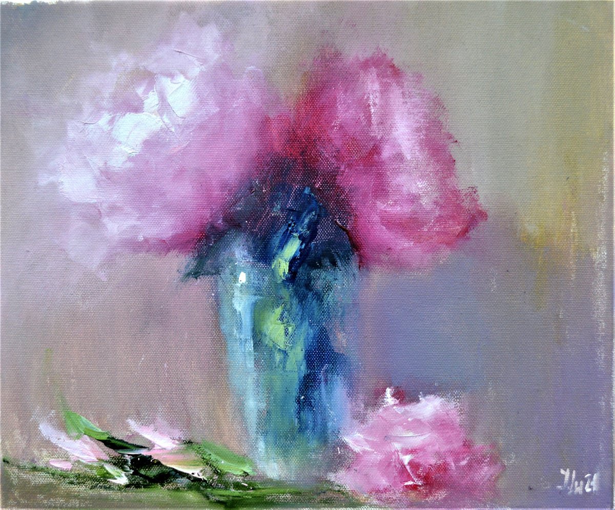 Impressionistic Botanical Oil Painting By Elena Lukina, 12 X 10, Peony Impromptu, Original Artwork