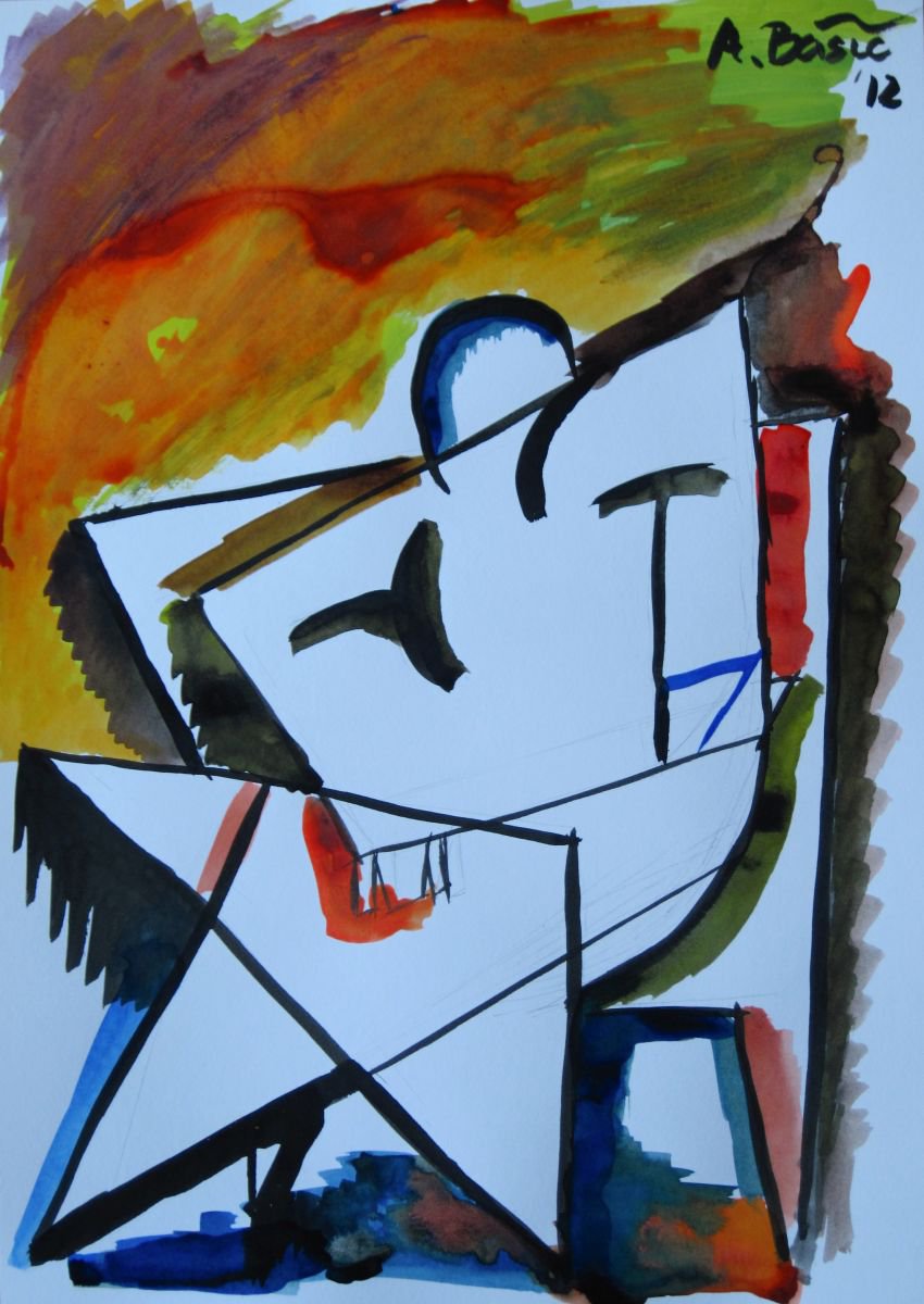 Geometric Portrait Ink Drawing By Aleksandar Basic, 12 X 17, In The Park, Original Artwork