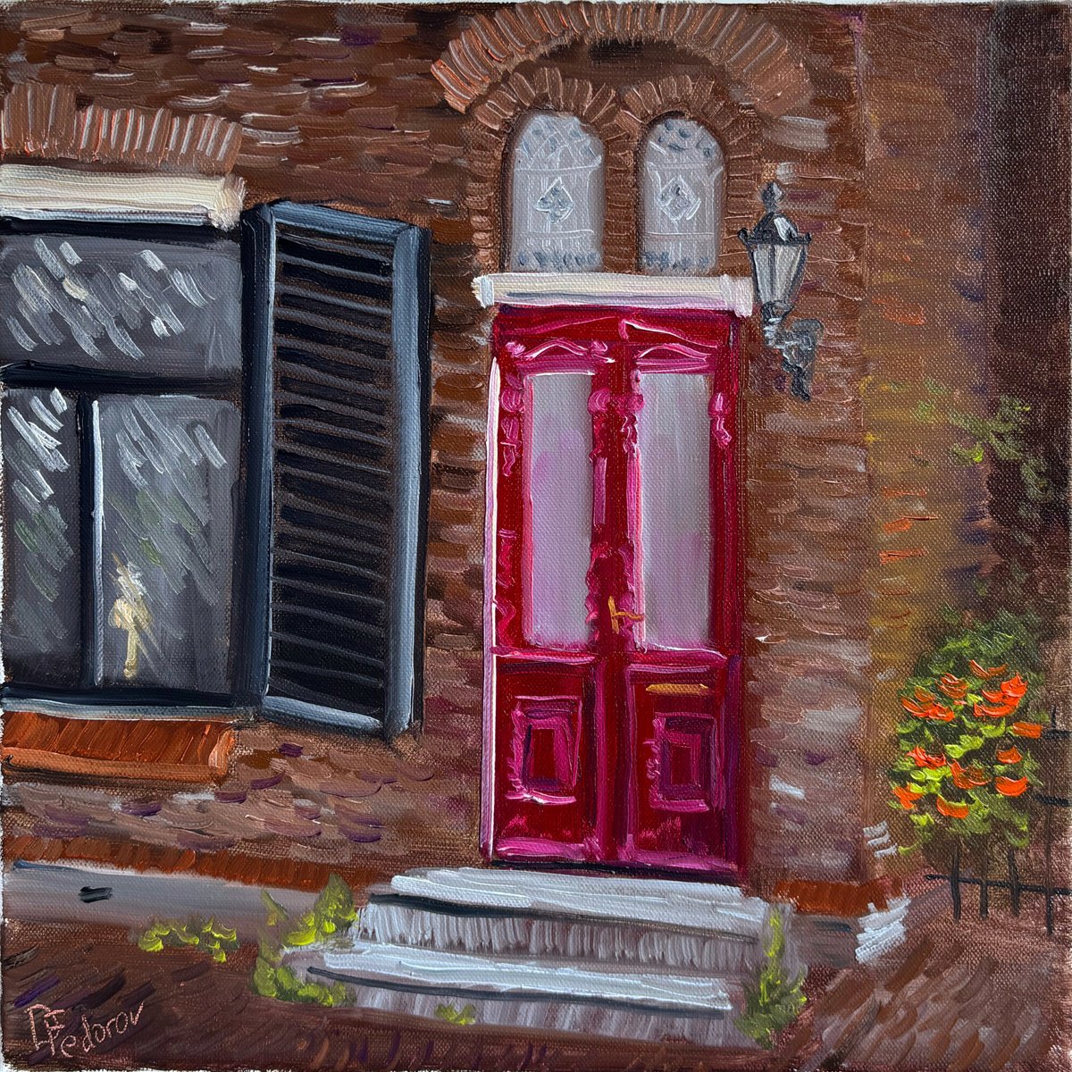 Impressionistic Cityscapes Oil Painting By Dmitry Fedorov, 16 X 16, Dutch Doorway, Original Artwork