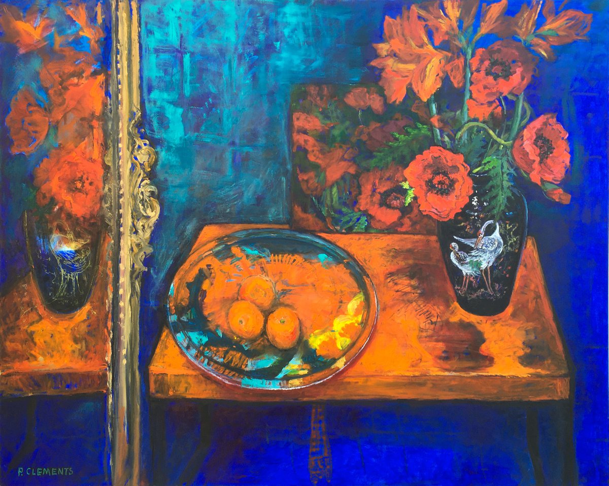 Impressionistic Still Life Oil Painting By Patricia Clements, 39 X 32", Three Oranges With Mirror, Original Artwork