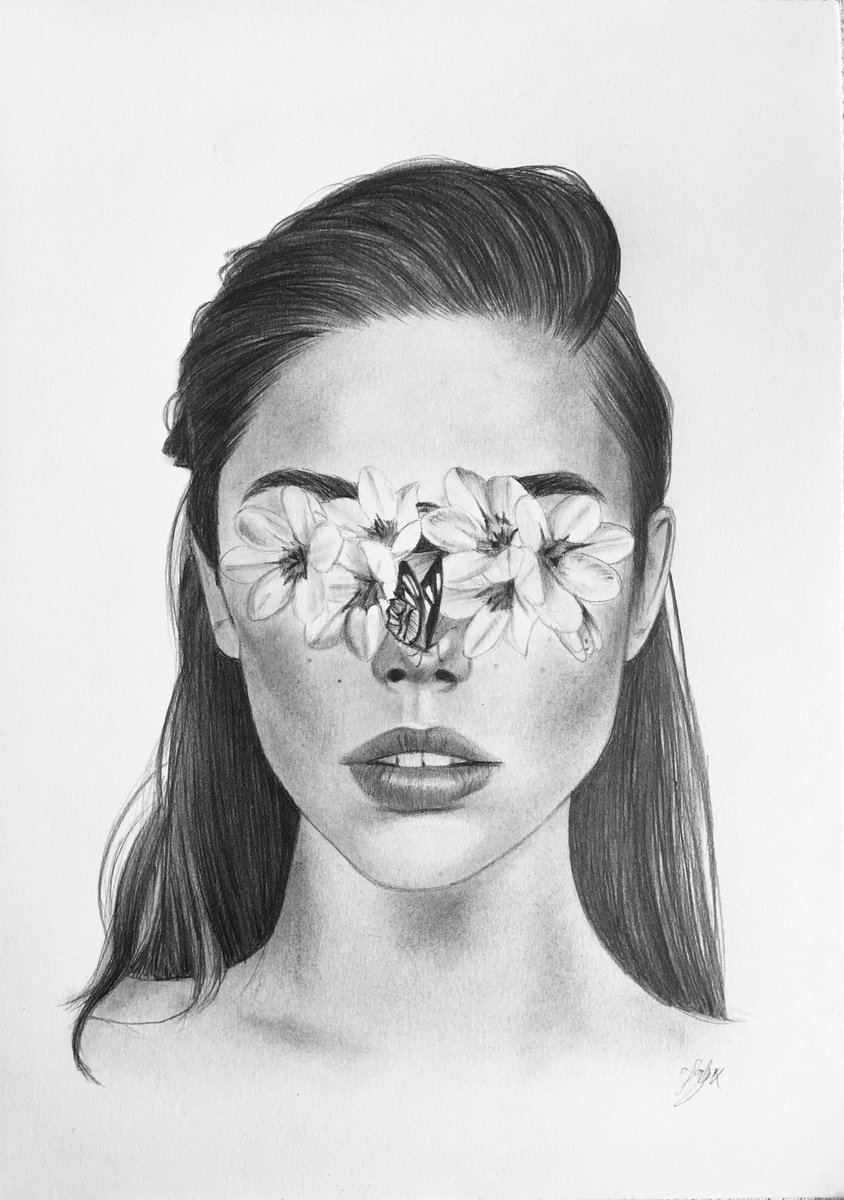 Photorealistic Portrait Pencil Drawing By Amelia Taylor, 8 X 12, Flower Blindfolded Girl, Original Artwork