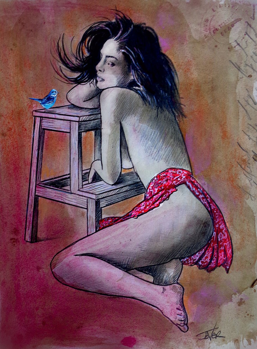 Expressive Portrait Pencil Drawing By Loui Jover, 8 X 12", Ennui, Original Artwork