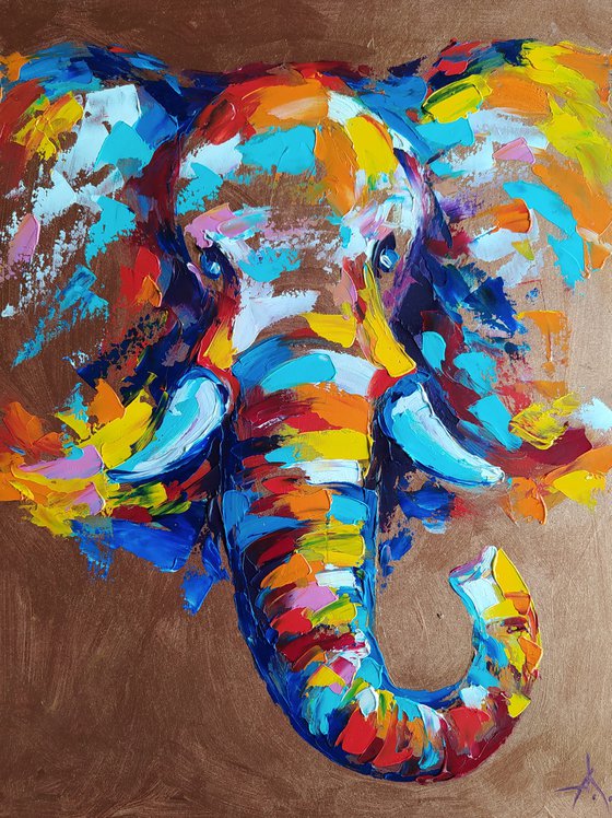 Steel - oil painting, elephant, elephant face, animal face, animals oil painting, impressionism, palette knife, gift, elephant portrait