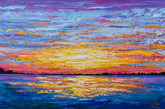 Ocean Sunset- Original Painting on Canvas, Heavy impasto seascape artwork