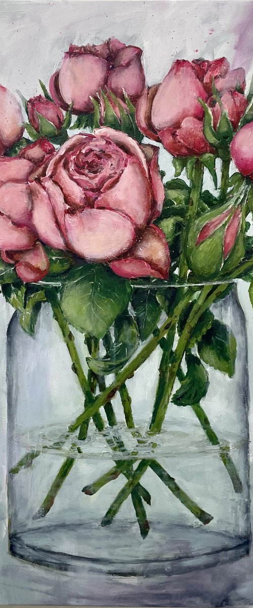 Pink roses in a vase by Miri Baruch