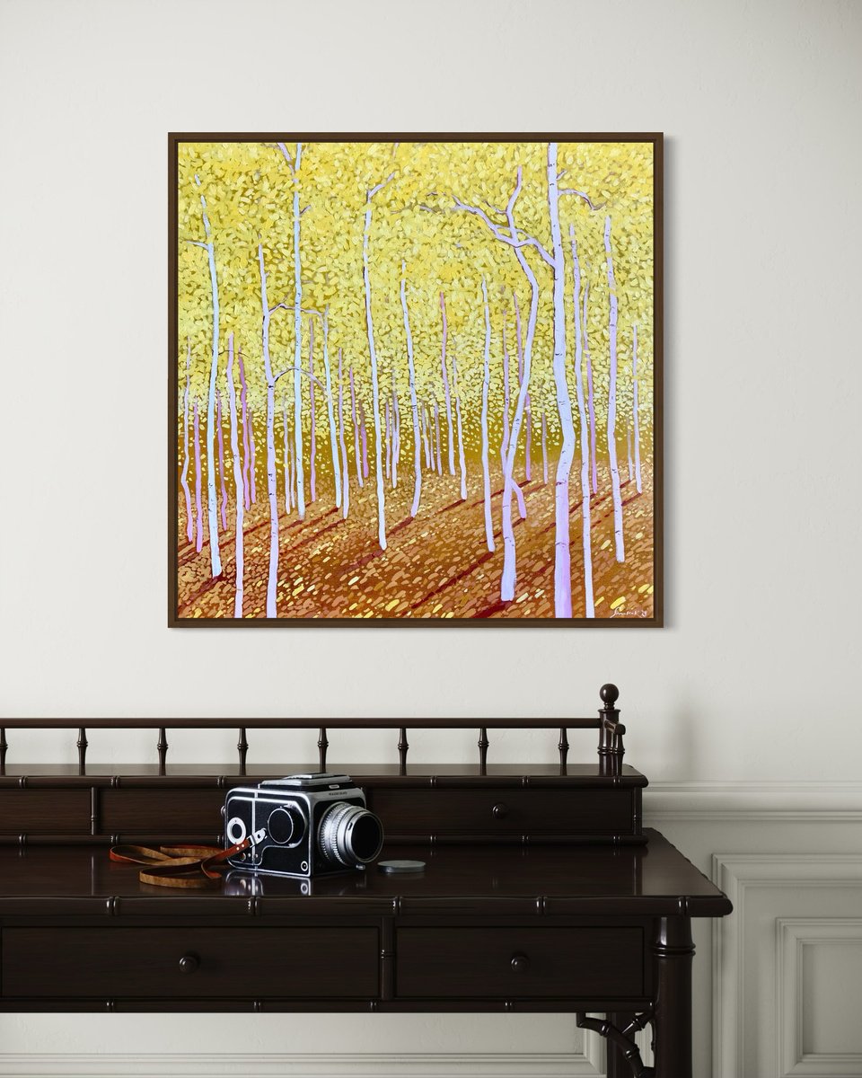 Impressionistic Landscape Oil Painting By Volodymyr Smoliak, 29 X 29", Yellow Forest, Original Artwork