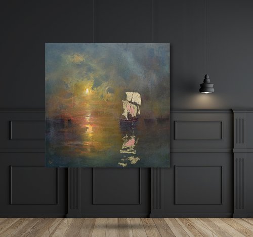 " Harbor of destroyed dreams - Emerald Night " W 110 x H 110 cm by Ivan  Grozdanovski