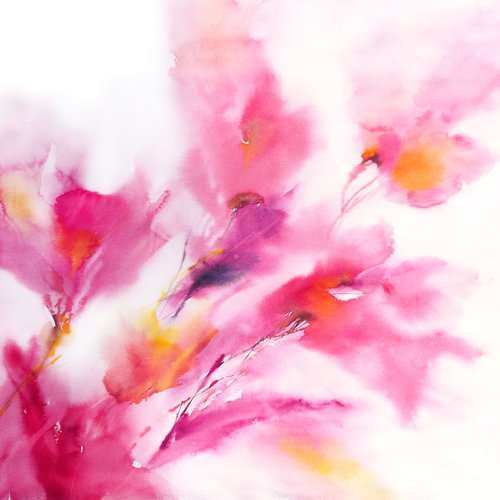 Pink abstract flowers, magenta watercolor floral painting by Olga Grigo