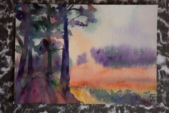 Sunset in the forest Small watercolor painting