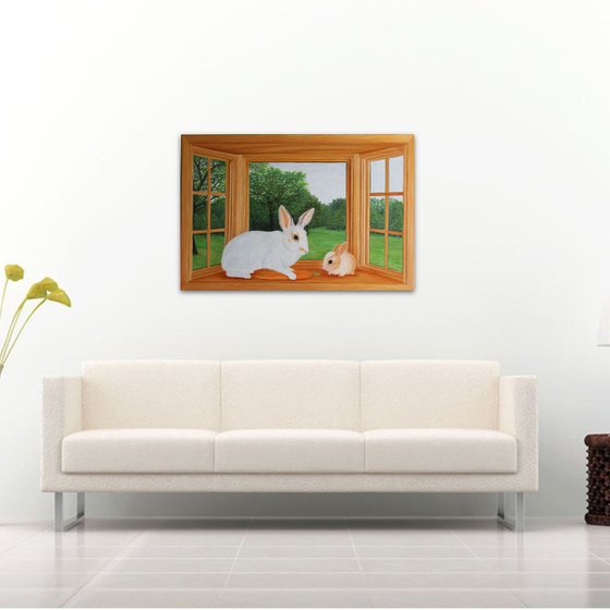Rabbit playing on Window Landscape Painting