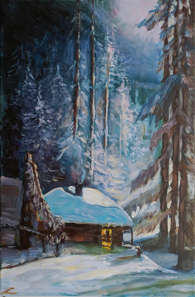 Hut In A Wintry Forest By Elena Sokolova, 16 X 24, Artwork For Sale On Artfinder