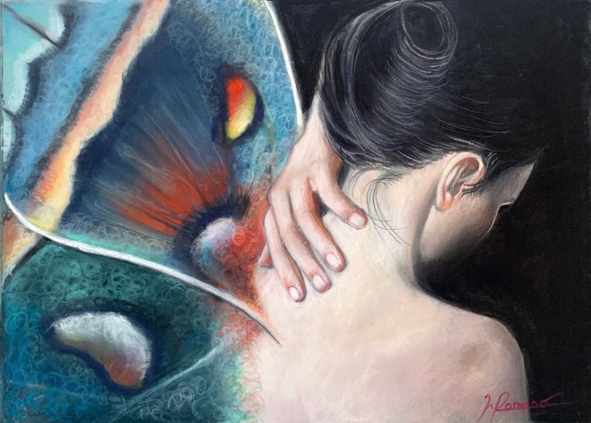 Expressive Portrait Pastel Drawing By Maria Romano, 13 X 9", Evasion, Original Artwork