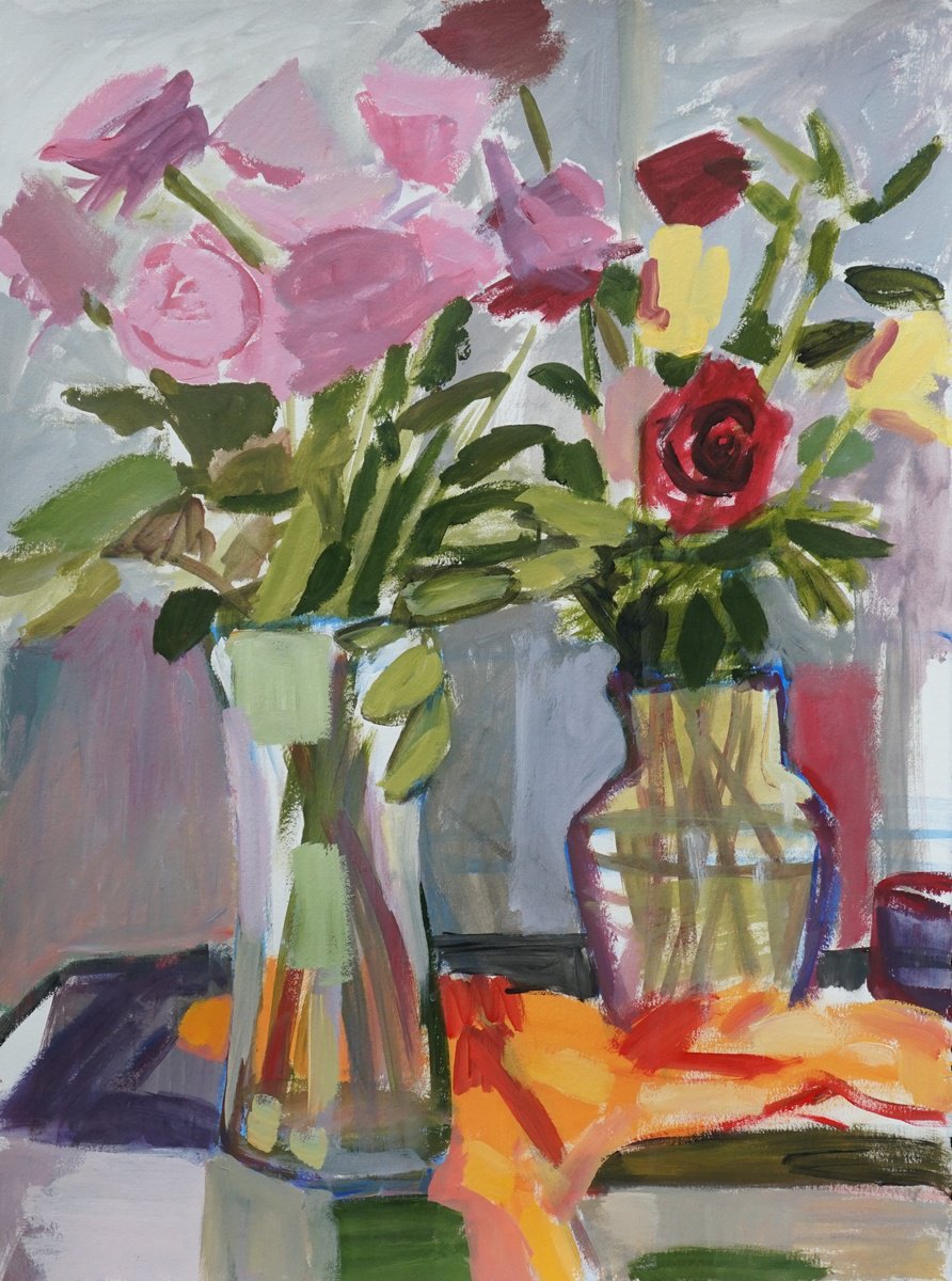 Glass Vases With Roses By Patty Rodgers, 28 X 36, Artwork For Sale On Artfinder