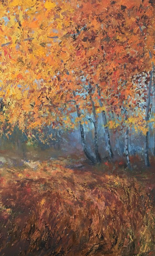 Golden trees, Autumn landscape, Realistic Landscape, knife palette by Leo Khomich