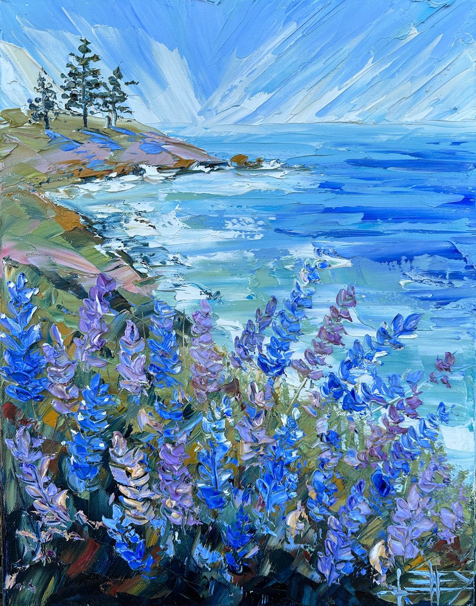 Impressionistic Landscape Oil Painting By Lisa Elley, 14 X 18", Coastal Blue Dream, Original Artwork