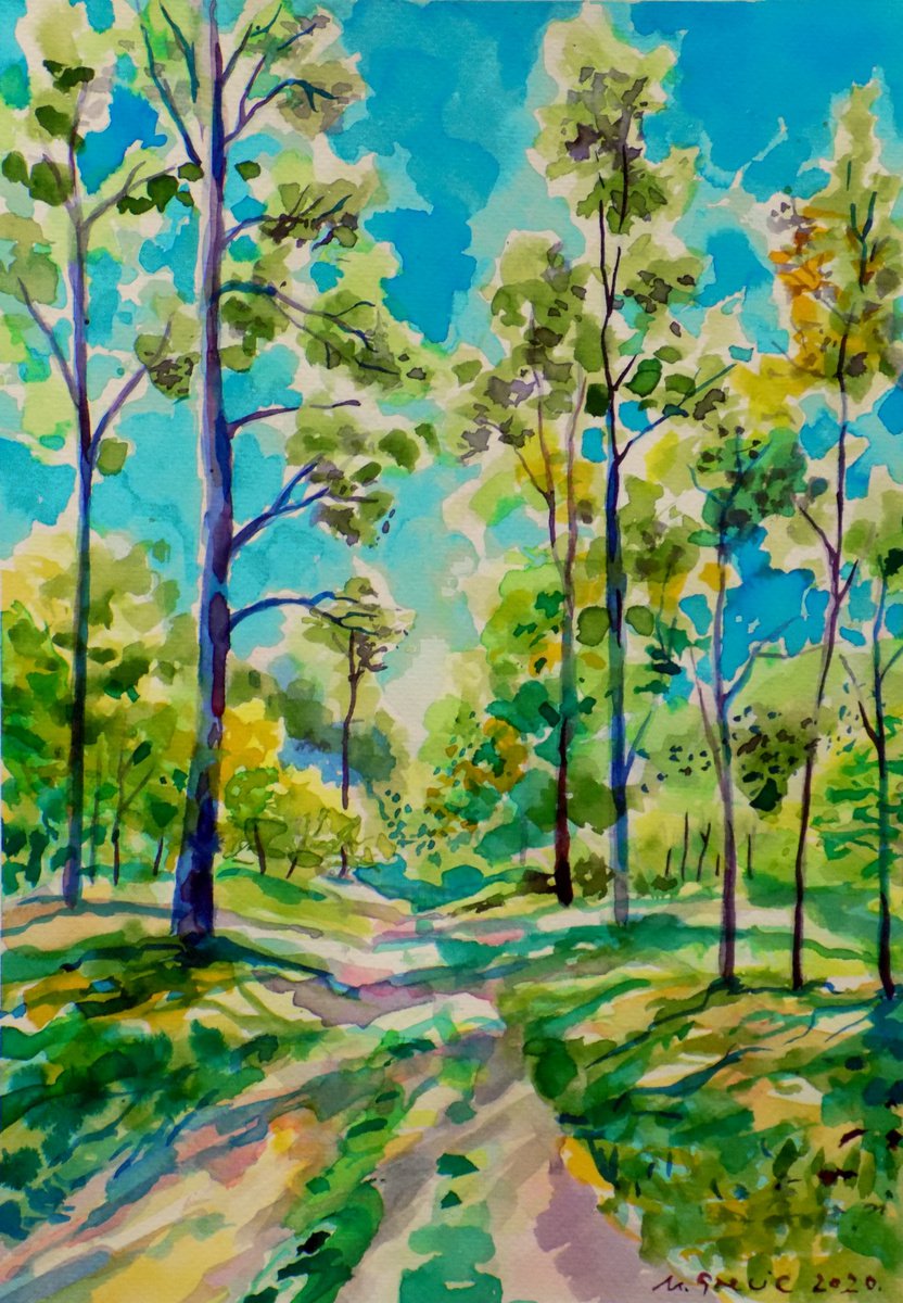 Impressionistic Watercolour , Blue Sky Over The Forest Path By Maja Grecic, 10 X 13, Artwork For Sale On Artfinder