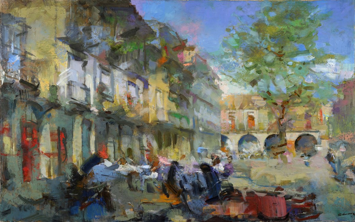 Expressive Cityscapes Oil Painting By Eugene Segal, 50 X 32, Oliveira Square, Original Artwork