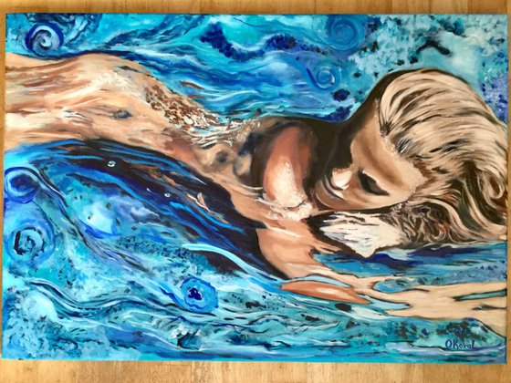 Song to the siren .Resting nude  in a blue water . Reflections on the water .