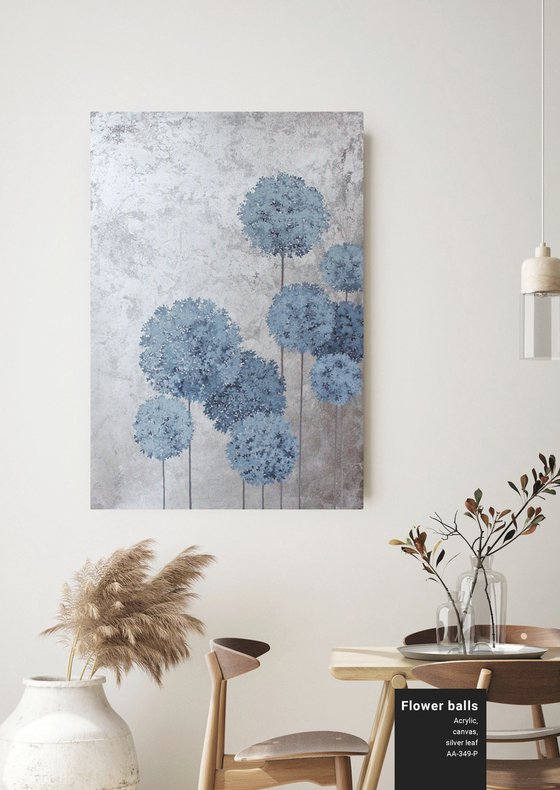 "Flower Balls" Blue silver flowers abstract