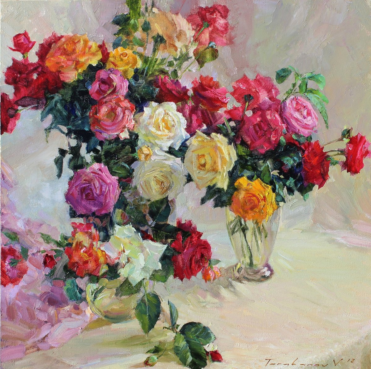 Impressionistic Botanical Oil Painting By Volodymyr Tarabanov, 26 X 26", Rose Festival, Original Artwork