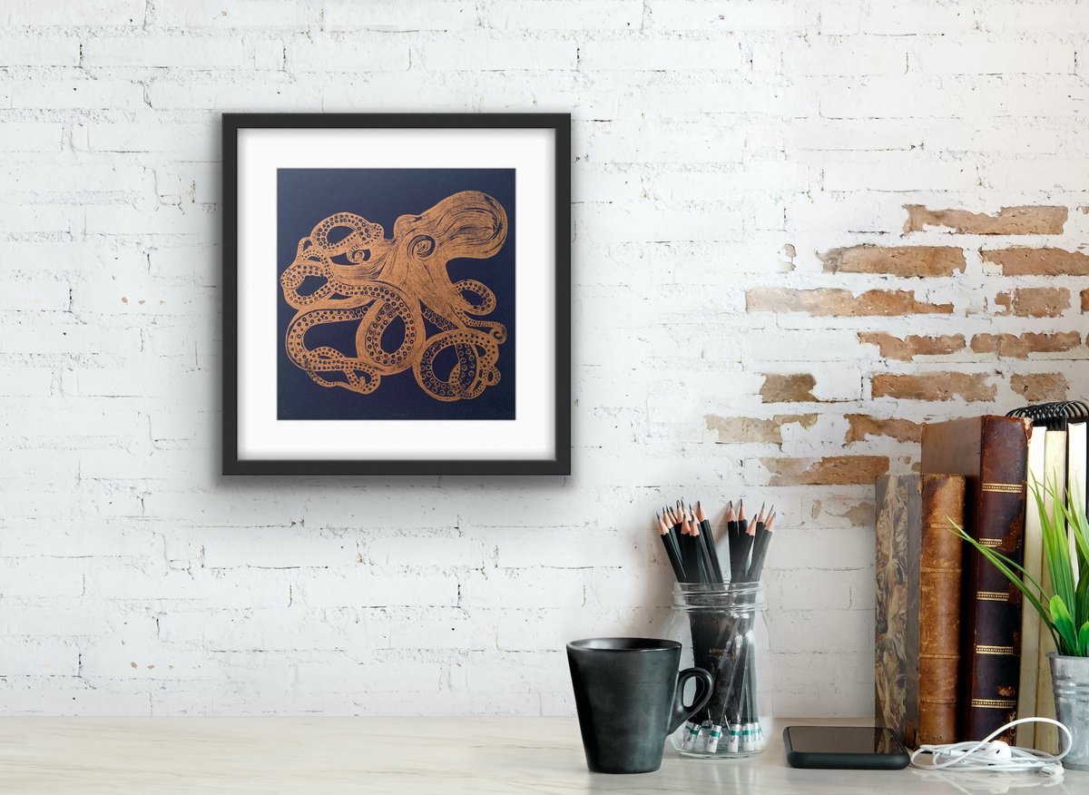 Octopus Linocut (Copper on Indigo - Unframed) by Amy Cundall