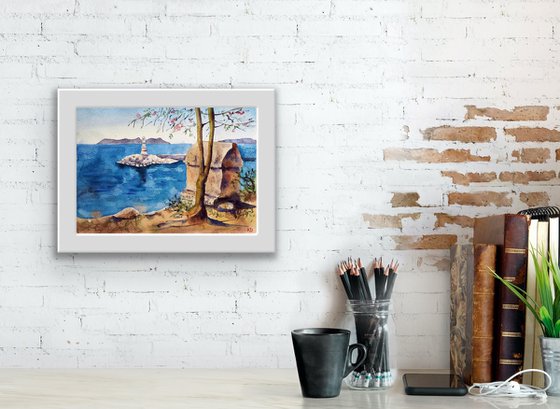 Lycian tomb and lighthouse - seaview landscape original watercolor