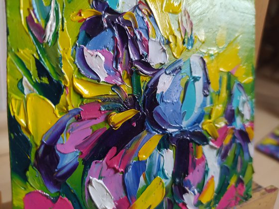 Small irises - flowers, oil painting, irises flowers, small size, postcard, gift idea