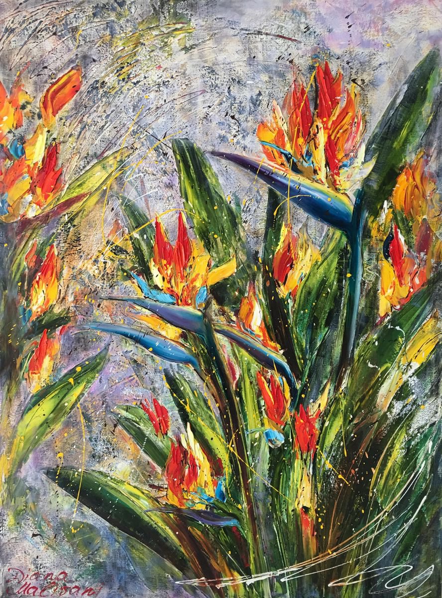 Impressionistic Botanical Oil Painting By Diana Malivani, 35 X 47, Strelitzia, Original Artwork