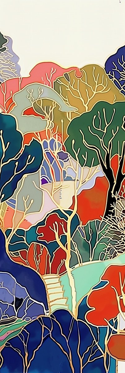 Abstract Acrylic Painting By V+V Kniazievi, 20 X 59", Autumn Over Shanghai Hills #1, Original Artwork