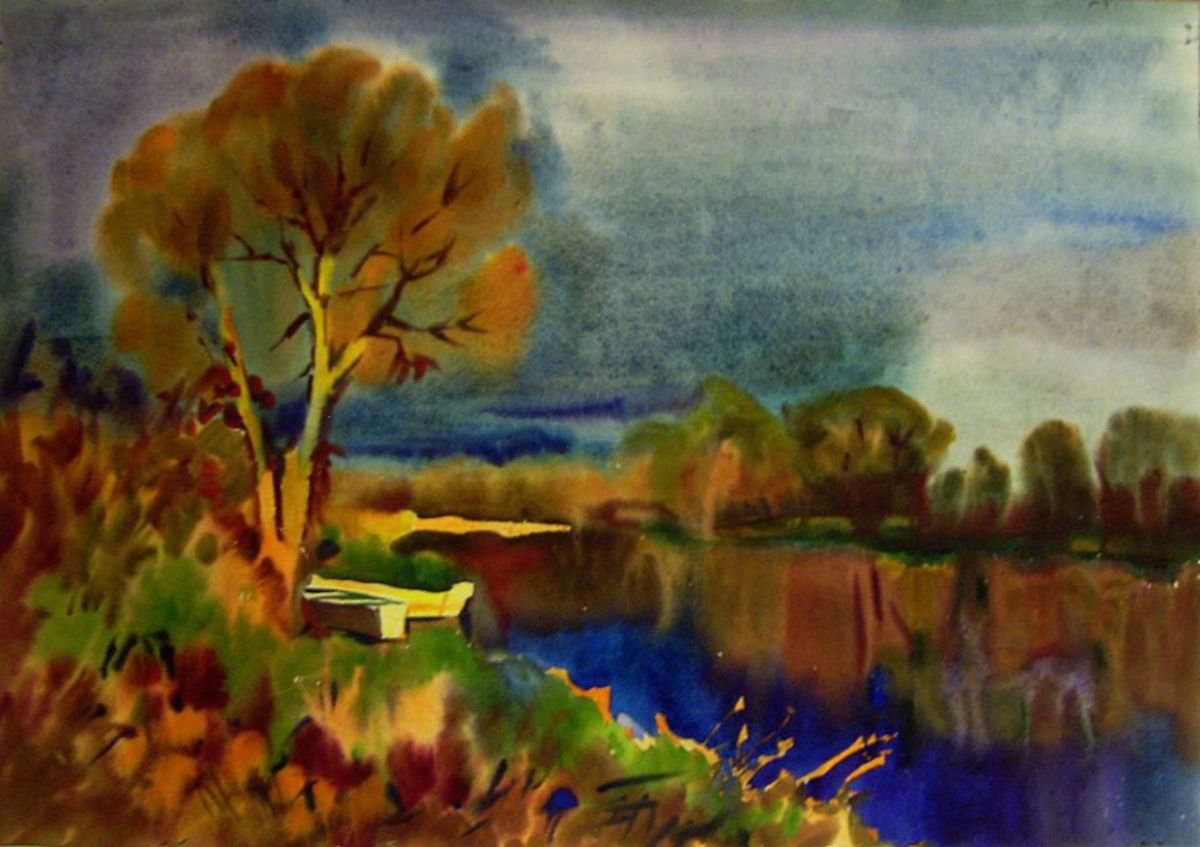Autumn trees and boats, 73x51 cm by Valentina Kachina