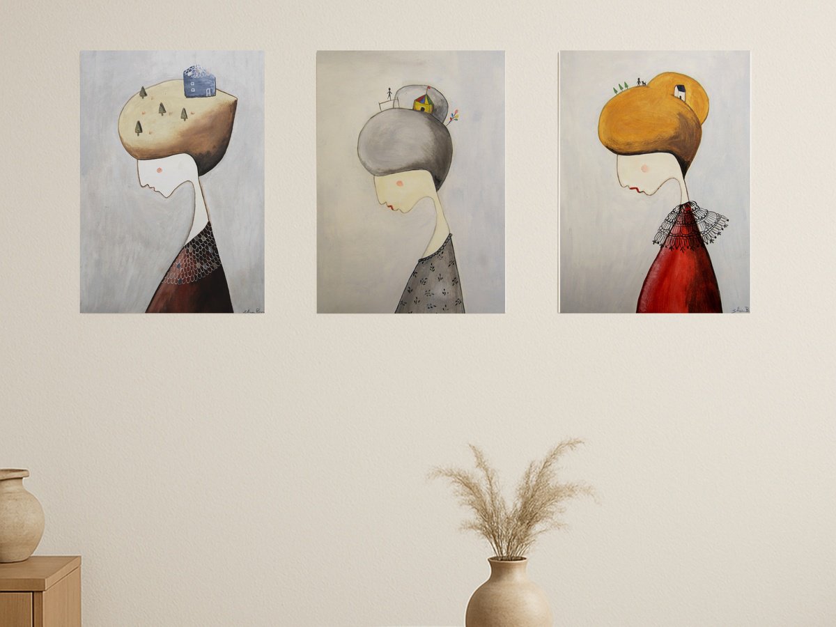 Illustrative Portrait Oil Painting By Silvia Beneforti, 25 X 12", Thinking About It, Set Of 3, Original Artwork