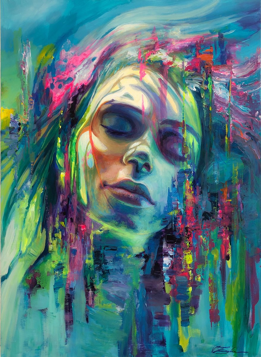 Expressive Portrait Acrylic Painting By Viacheslav Zaykin, 29 X 39", Underwater Glare.– Blue Underwater Art, Original Artwork