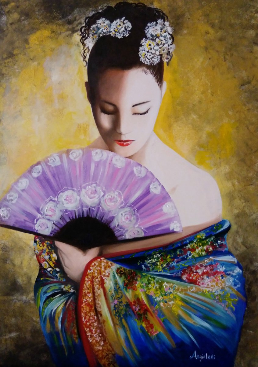Photorealistic Portrait Painting By Anna Rita Angiolelli, 20 X 28, Geisha - Woman Portrait, Original Artwork