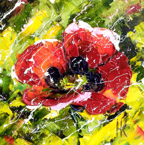 Poppy Painting Floral Original Art Abstract Red Flower Small Oil Impasto Pallete Knife Artwork Home Wall Art 6 by 6" by Halyna Kirichenko